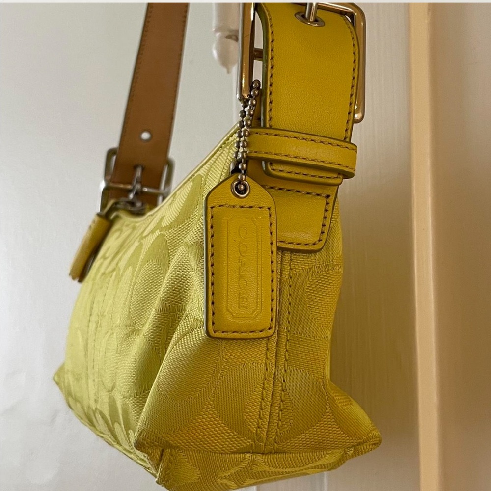 Coach Yellow Green Signature Jacquard Shoulder Bag with Leather Trim - Picture 5 of 8